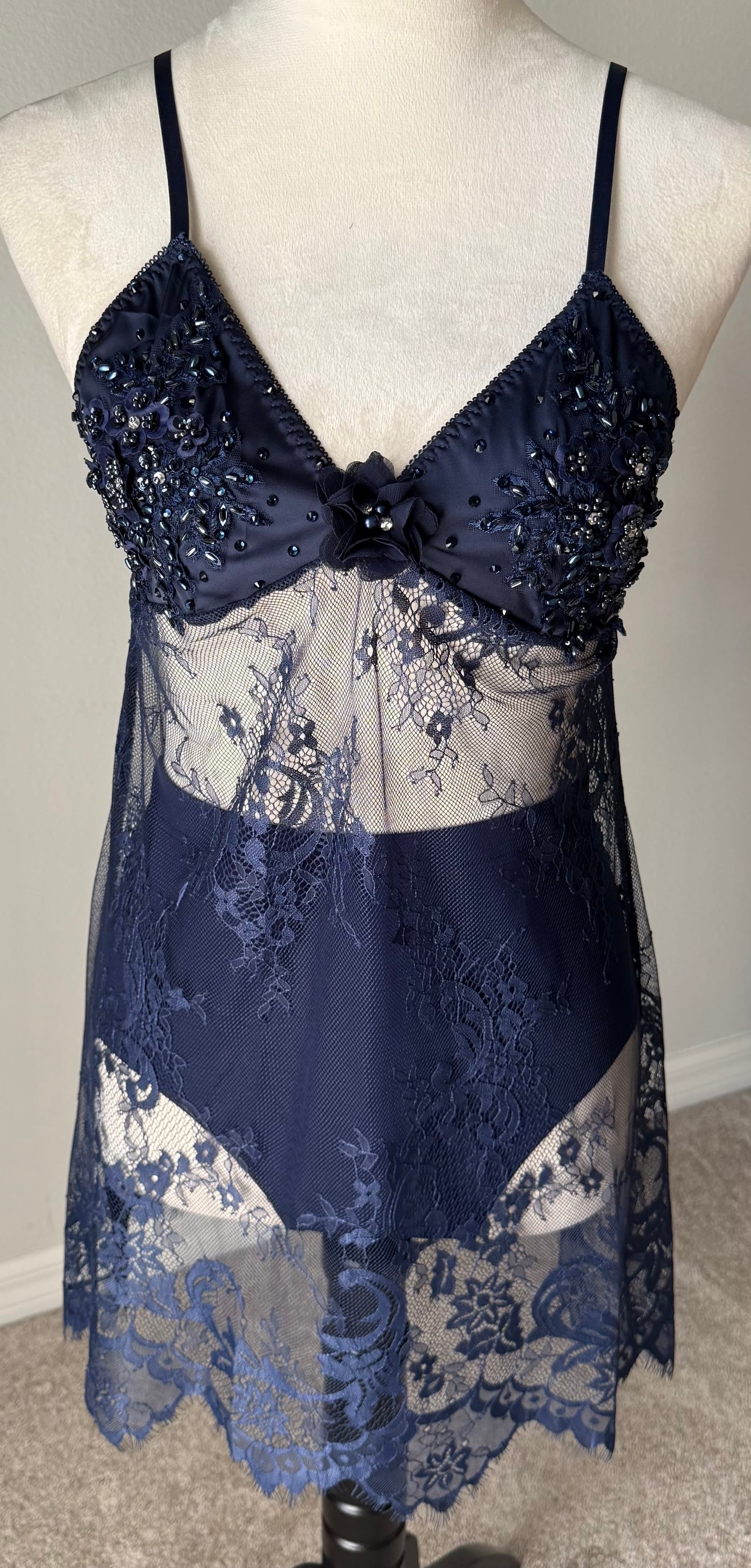 Navy Blue Lace Slip Dress