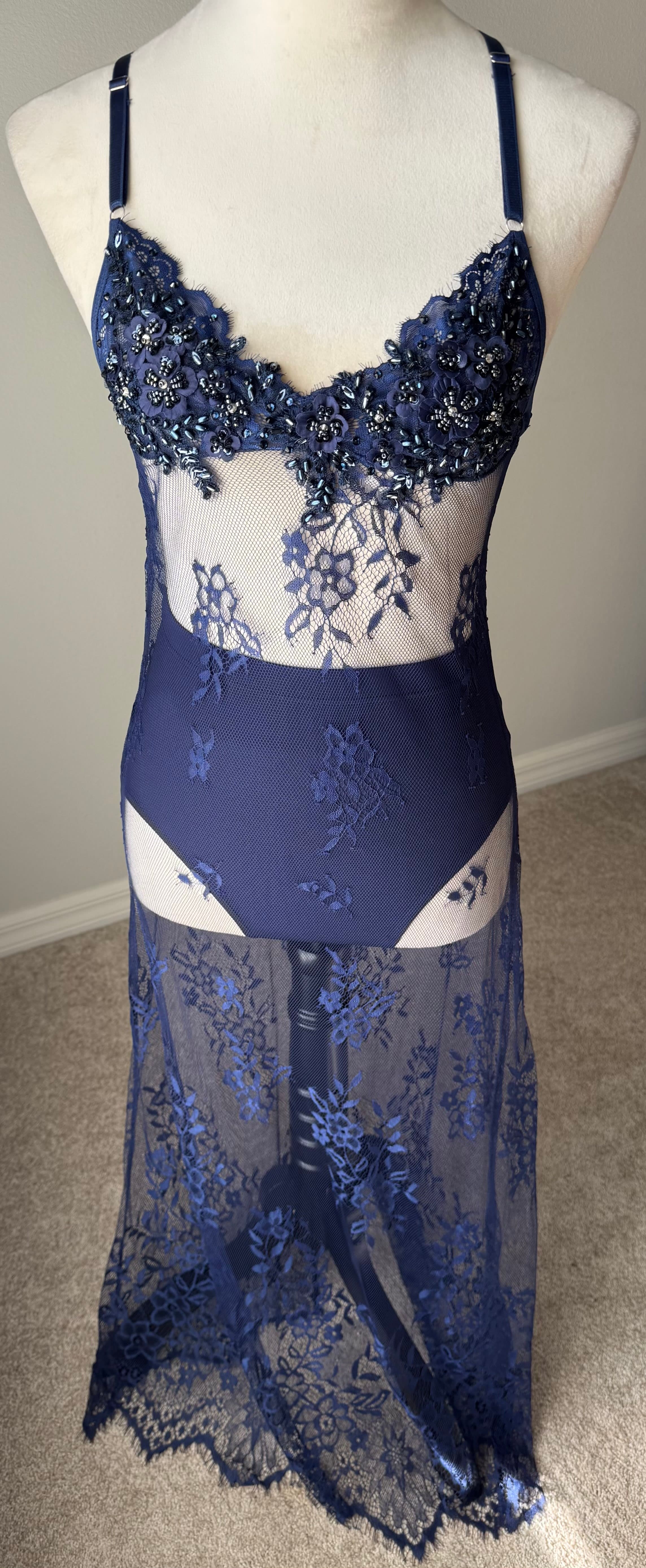 Navy Blue Long Lace Slip Dress