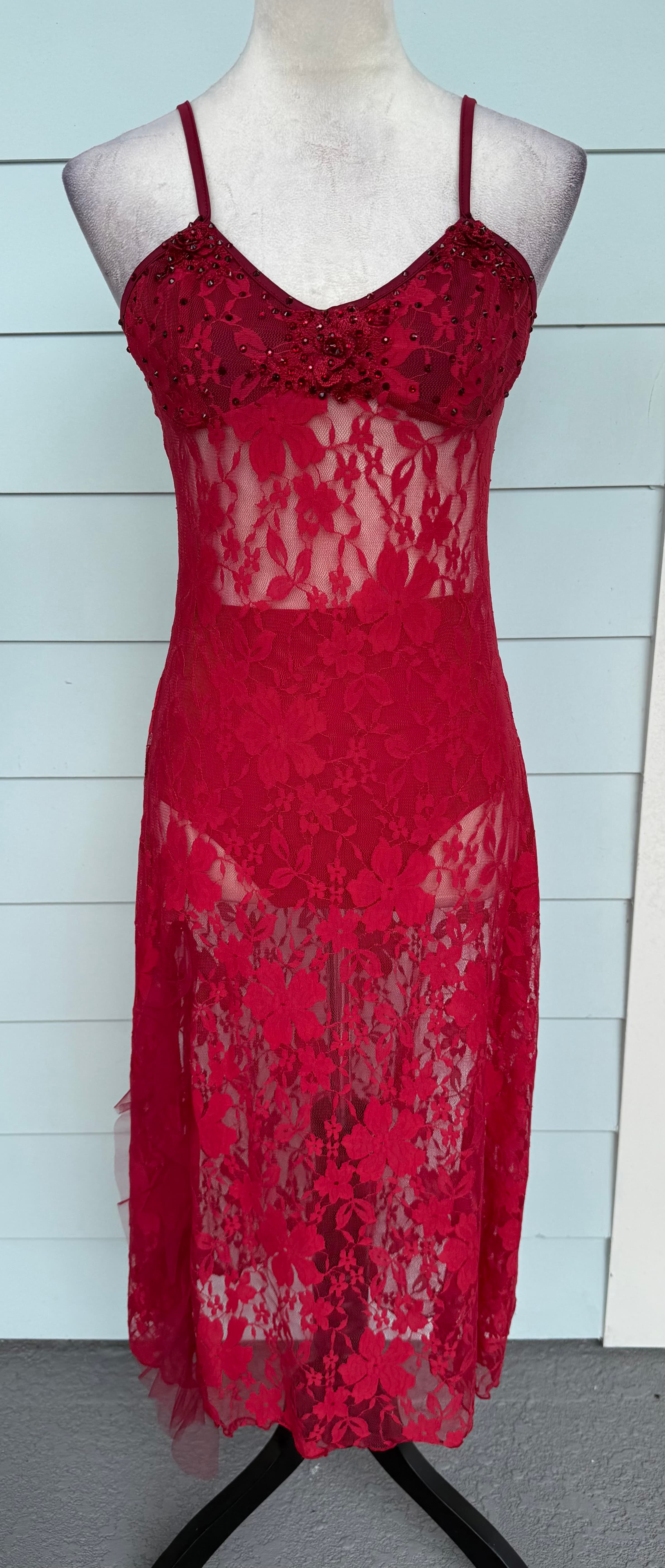 Dark Red Long Lace Slip Dress